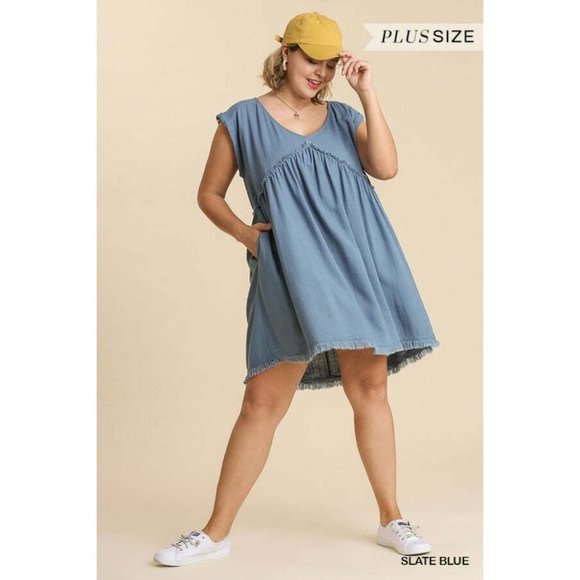 Umgee Plus Size Milk Tea V-Neck Short Folded Sleeve Ruffle Trimmed Pocket Dress - Picture 4 of 12